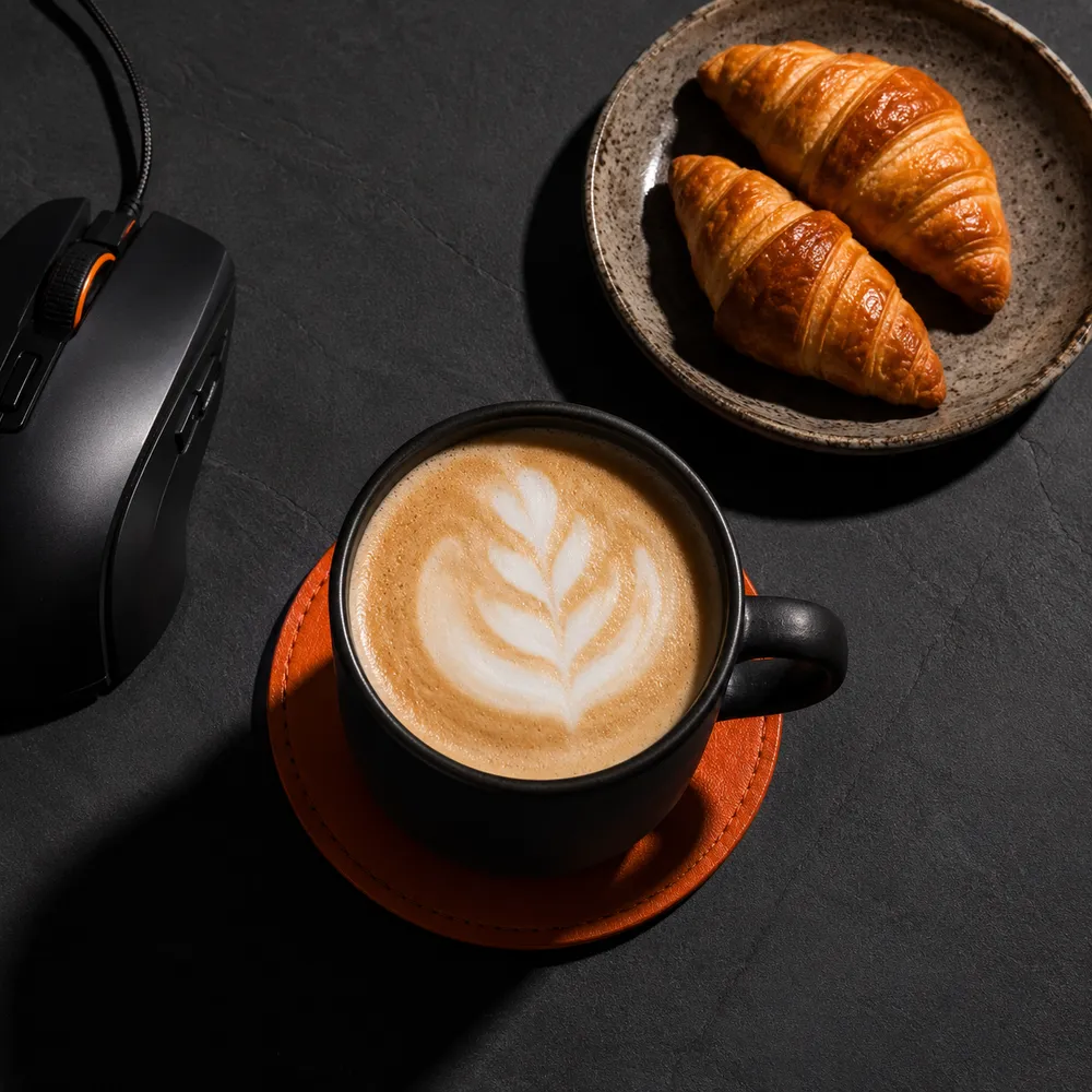 Café con arte latte y dos medialunas sobre la mesa