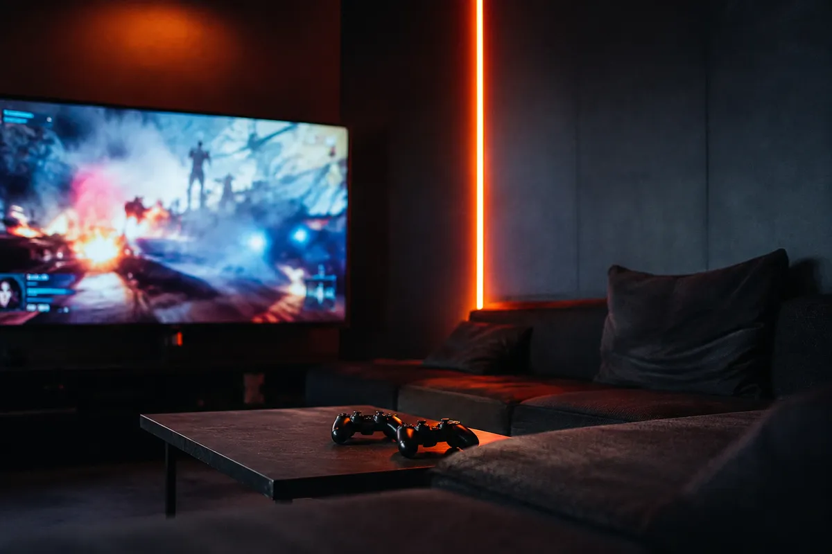 Living con sillones oscuros frente a una pantalla grande para consolas