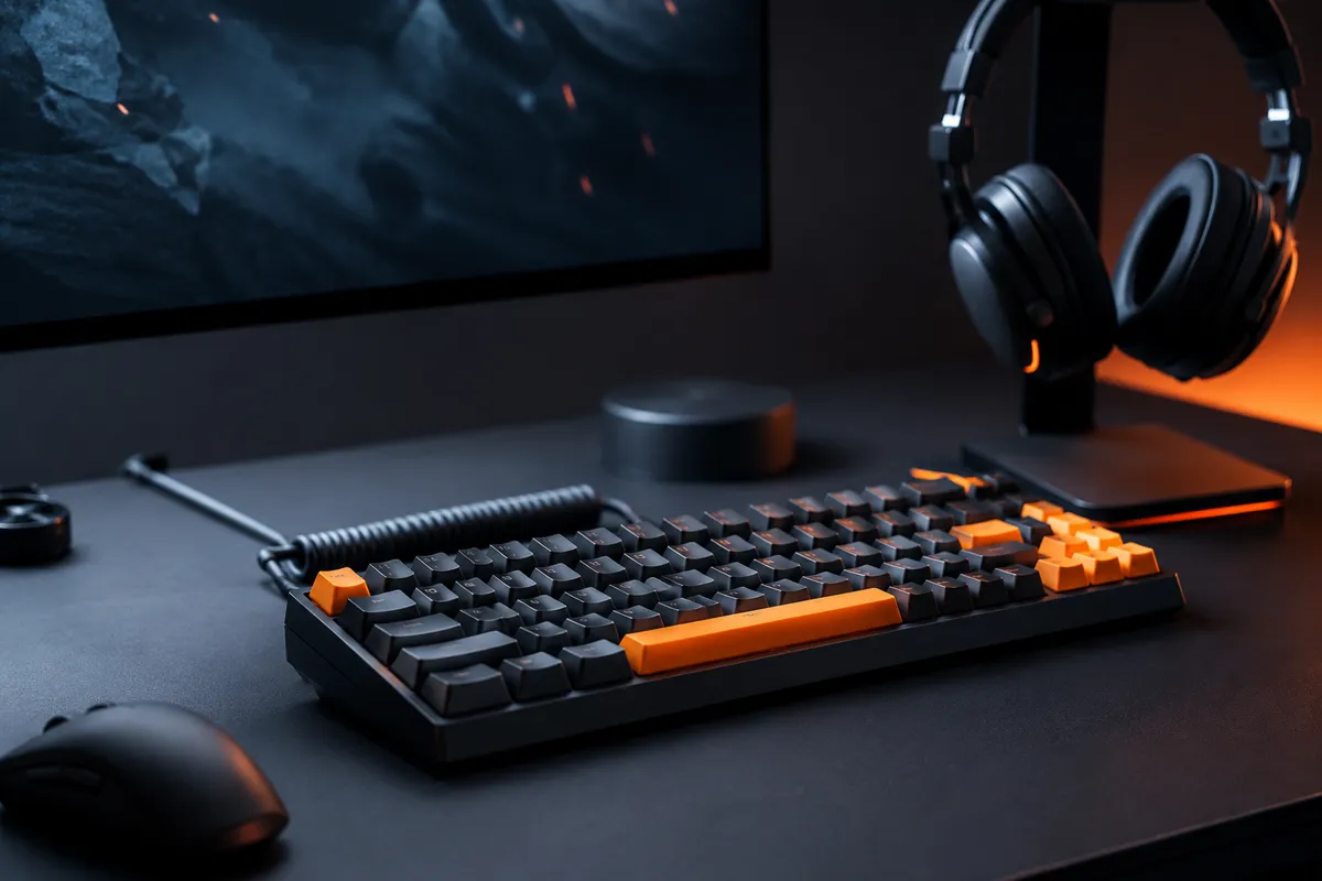 Pasillo de puestos PC con sillas gamer y monitores encendidos