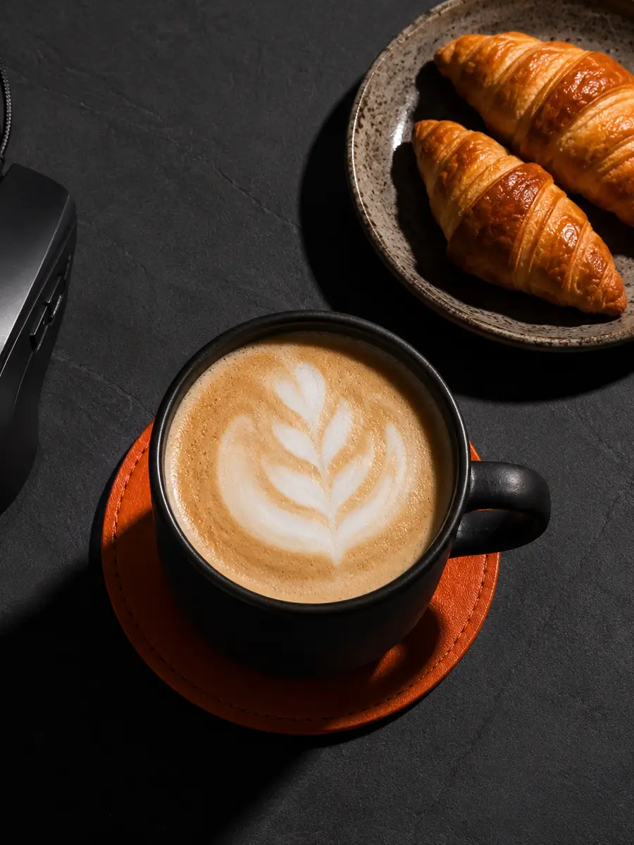 Café con arte latte y dos medialunas recién horneadas