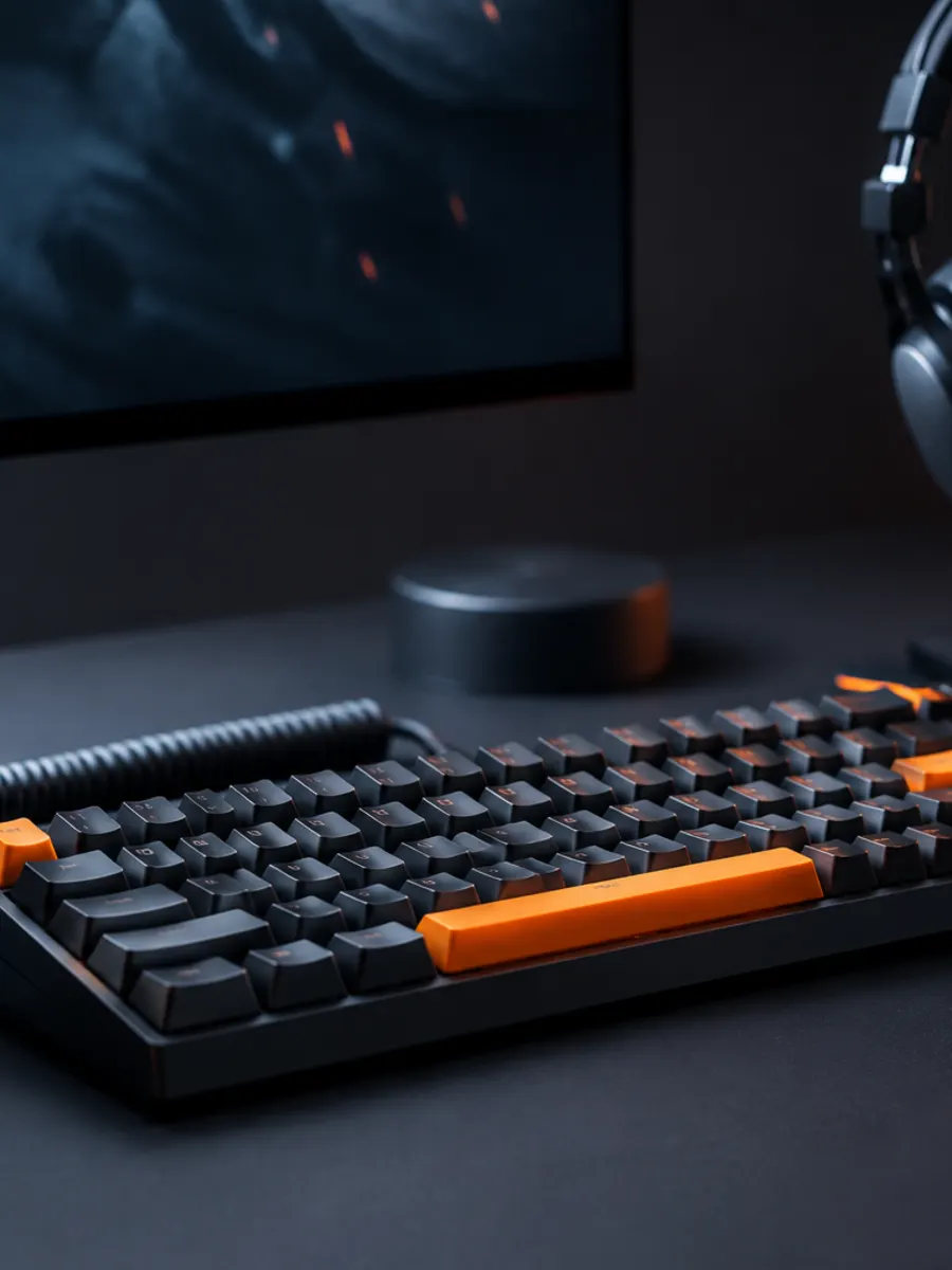 Fila de puestos PC con luces led naranjas en Café Gamer Rosario